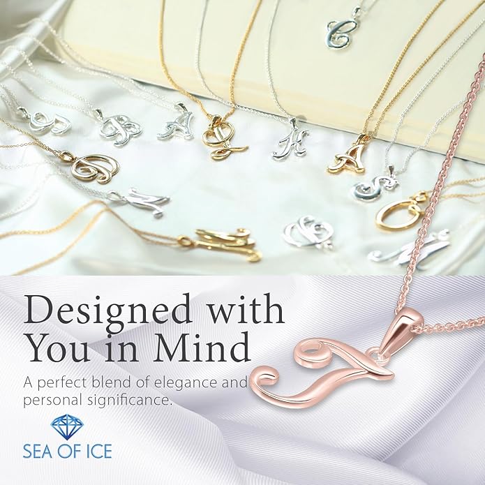SEA OF ICE Letter Initial Necklace, Alphabet Letter Pendant Necklace, Sterling Silver, Gold, Rose Gold Necklace for Women, Elegant Initial Necklaces, Personalized Custom Women's Necklaces