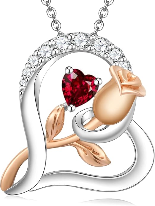 Rose Flower Heart Birthstone Necklaces for Women, 925 Sterling Silver Anniversary Jewelry, Pendant Heart Necklaces Birthday Anniversary Christmas Gift for Women Wife Mom Girlfriend Lady