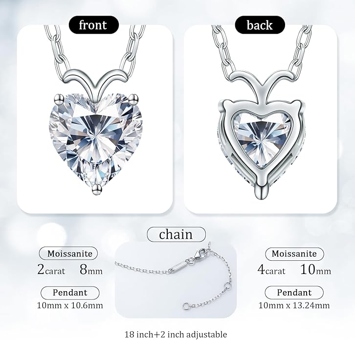 ForeverLove Heart Necklaces for Women, 4-2 Carats Heartshap Moissanite, Silver Pendant Jewelry, Anniversary Birthday Gifts for Wife, Girlfriend, Daughter, Mom