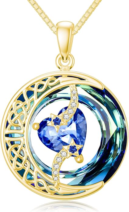 TOUPOP Birthstone Necklace 925 Sterling Silver Moon and Star Pendant with Blue Crystal Celtic Moon Jewelry Birthday Christmas Gifts for Women Mom Wife Her Daughter