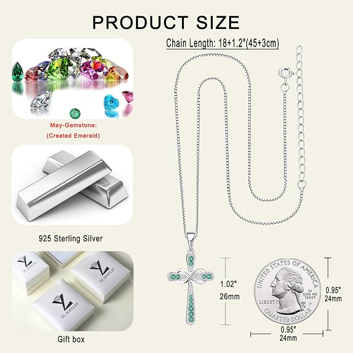 YL 925 Sterling Silver Cross Necklace for Women Halo Infinity Pendant Birthstone Jewelry for Mom