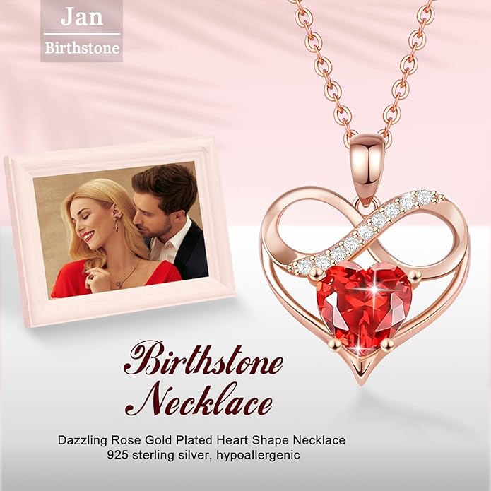 Rose Gold Birthstone Necklaces Heart Birthstone Pendant Necklaces For Women Valentine's Day Mother's Day Anniversary Christmas Gifts