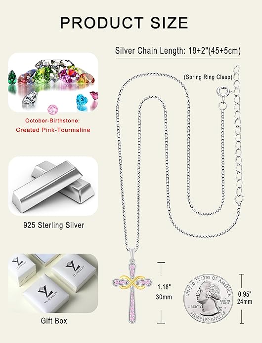 YL 925 Sterling Silver Cross Necklace for Women Halo Infinity Pendant Birthstone Jewelry for Mom