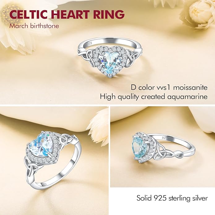 DAYBYDAY Celtic Birthstone Rings for Women 925 Sterling Silver Heart/Round/Pear/Oval Created Gemstone Moissanite Halo Engagement Promise Rings for Her Wife Birthday Anniversary Wedding Jewelry