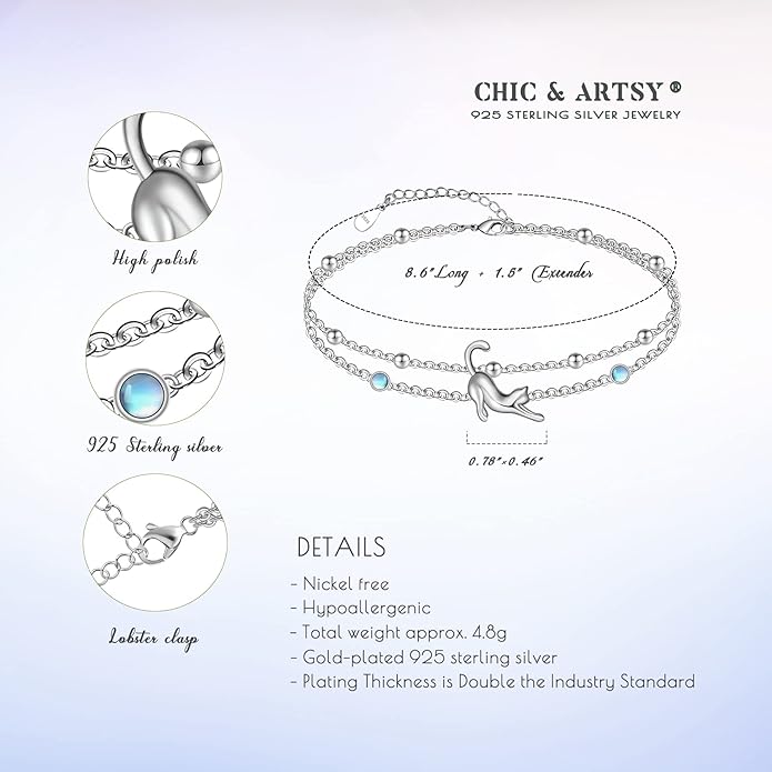 CHIC & ARTSY Womens Sterling Silver Created Opal Layered Anklet Bracelet Dainty Beaded Chain Adjustable 11" Best Friend Anklet