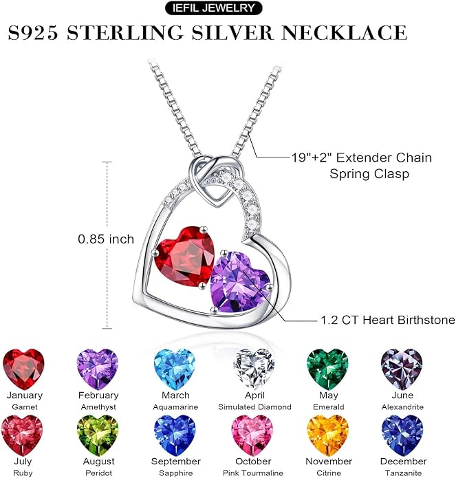 Iefil Birthstone Necklace for Women - 925 Sterling Silver Birthstone Necklace, Anniversary Birthday Gifts for Women Wife Girlfriend, Jewelry for Mom Daughter