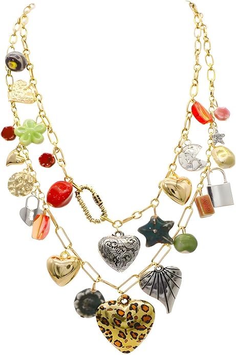 Chunky Retro Heart Necklace for Women Antique Layer Beach Ocean Moon Stars Western Boho Charm Necklaces Retro Link Chain Jewelry