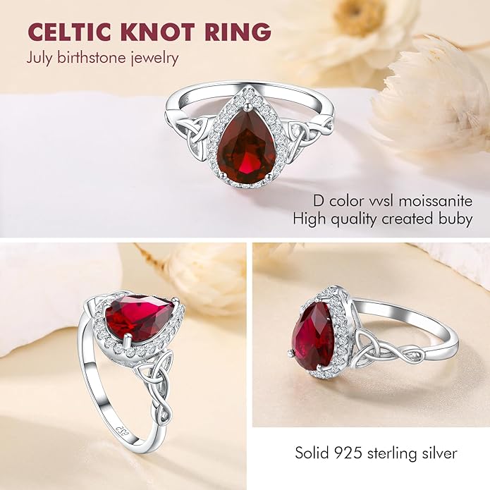 DAYBYDAY Celtic Birthstone Rings for Women 925 Sterling Silver Heart/Round/Pear/Oval Created Gemstone Moissanite Halo Engagement Promise Rings for Her Wife Birthday Anniversary Wedding Jewelry