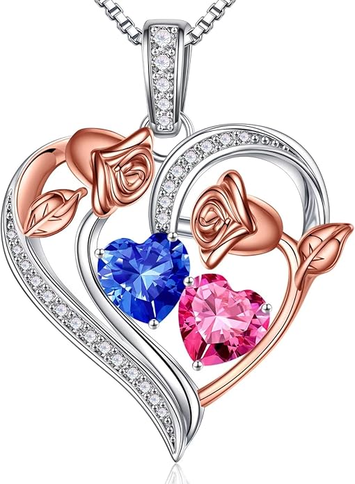Iefil Birthstone Necklace for Women - 925 Sterling Silver Rose Heart Necklace, Birthstone Jewelry, Anniversary Birthday Gifts for Wife Girlfriend Mom Daughter