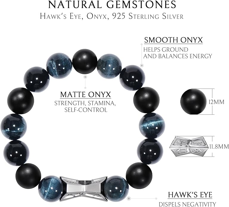 AWNL® Men's Beaded Bracelet with Sterling Silver Engraved Runes Charm 12mm Bronzite Dumortierite Obsidian Natural Gemstone Gift for Men, 6.1''-7.9''