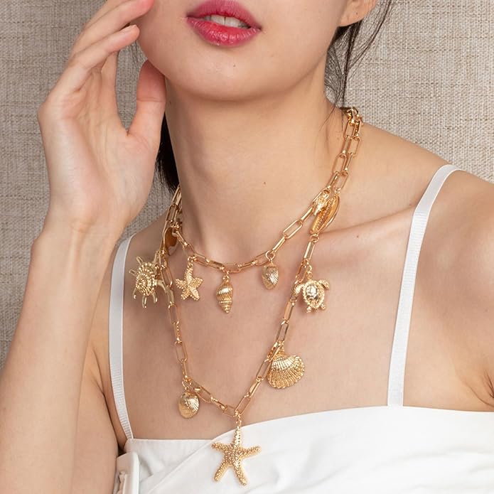 Choistily Charm Necklace Dainty Gold Western Outfit Beach Jewelry for Women Trendy Cowgirl Accessories for Women Gold Bow Sea Shell Pendant Necklace Preppy Stuff Summer Jewelry 2025