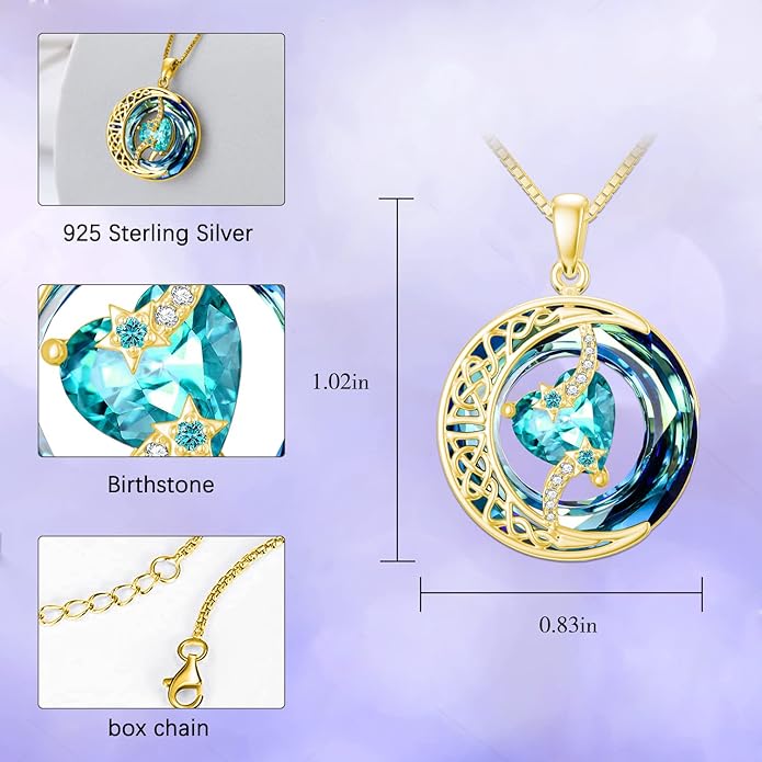 TOUPOP Birthstone Necklace 925 Sterling Silver Moon and Star Pendant with Blue Crystal Celtic Moon Jewelry Birthday Christmas Gifts for Women Mom Wife Her Daughter