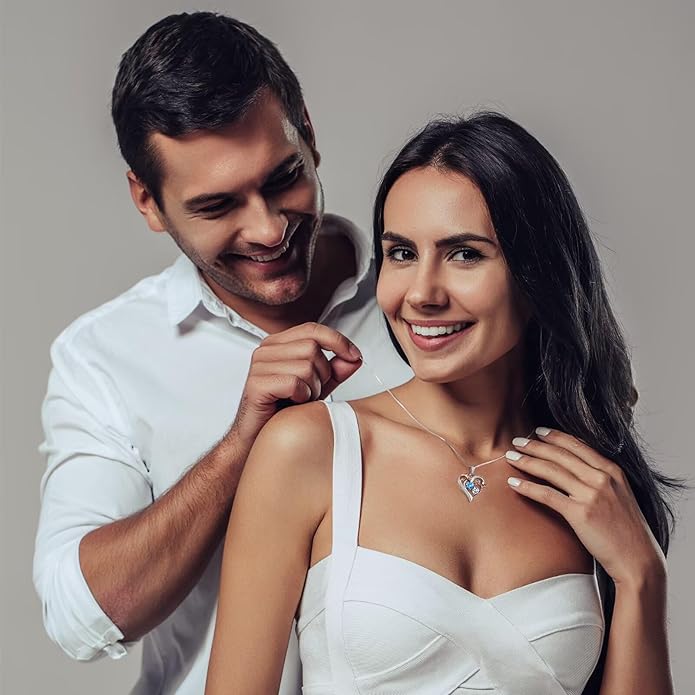 Iefil Birthstone Necklace for Women - 925 Sterling Silver Rose Heart Necklace, Birthstone Jewelry, Anniversary Birthday Gifts for Wife Girlfriend Mom Daughter