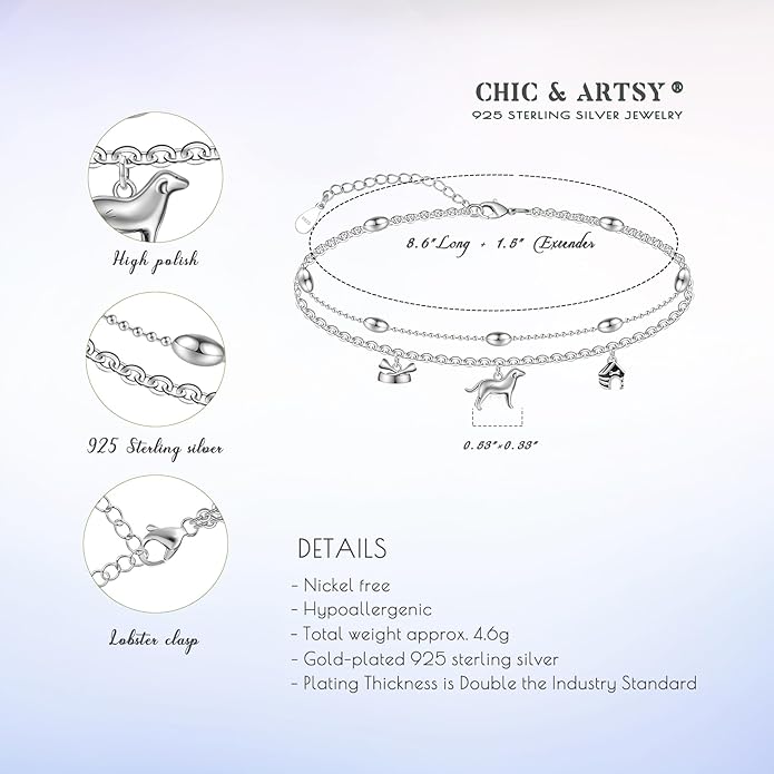 CHIC & ARTSY Womens Sterling Silver Created Opal Layered Anklet Bracelet Dainty Beaded Chain Adjustable 11" Best Friend Anklet