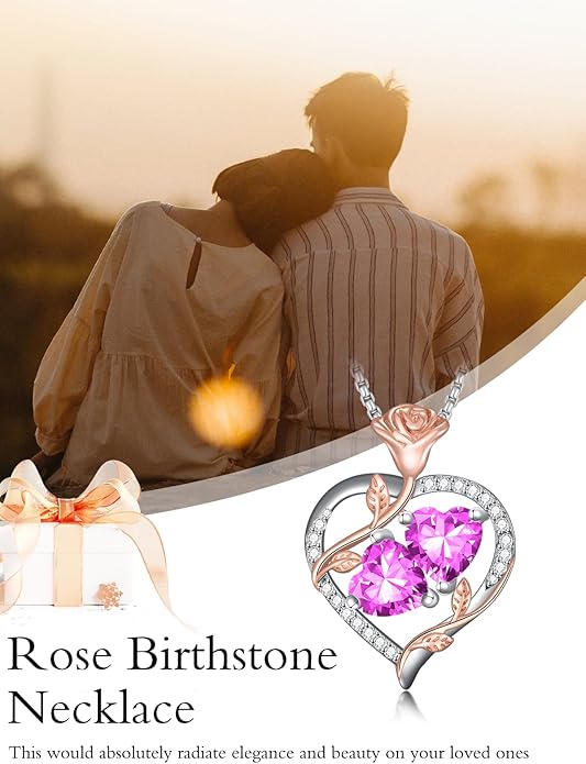 Jewelry for Her Double Heart Rose Birthstone Pendant Necklace Anniversary Jewelry Christmas Birthday Gifts for Women Wife Girlfriend