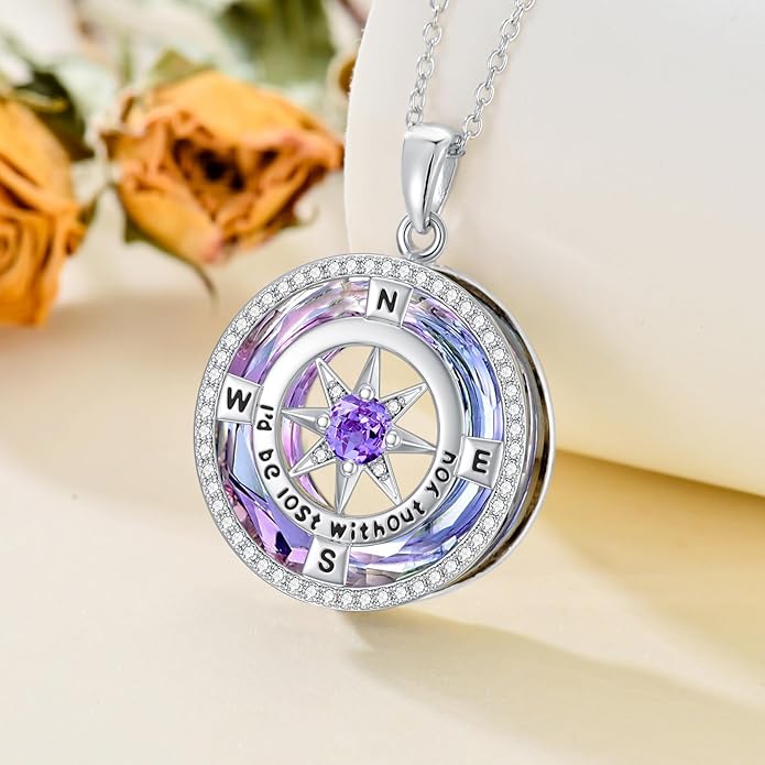 TOUPOP Compass Necklace for Women 925 Sterling Silver I'd be Lost without You Compass Pendant Birthstone Necklaces Anniversary Jewelry Birthday Gift for Girlfriend Wife Graduation Gifts for Her Daugthter