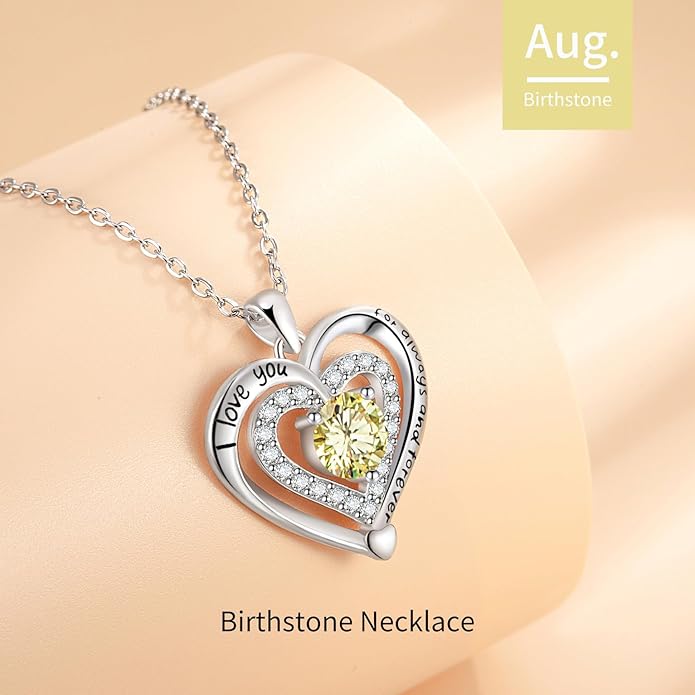 Heart Necklace, I Love You Always & Forever, Birthstone Cubic Zirconia Pendant, Gift for Women