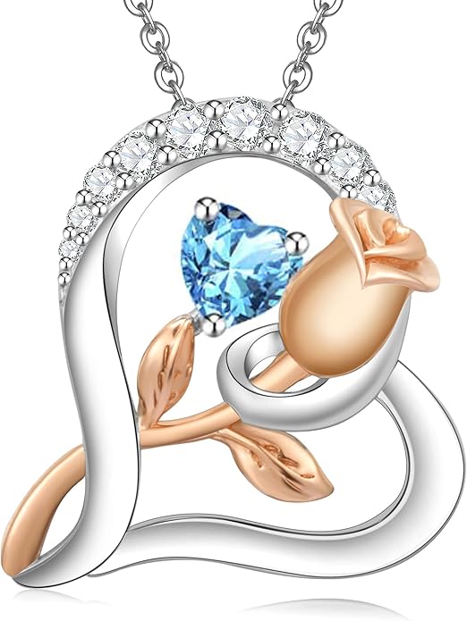 Rose Flower Heart Birthstone Necklaces for Women, 925 Sterling Silver Anniversary Jewelry, Pendant Heart Necklaces Birthday Anniversary Christmas Gift for Women Wife Mom Girlfriend Lady