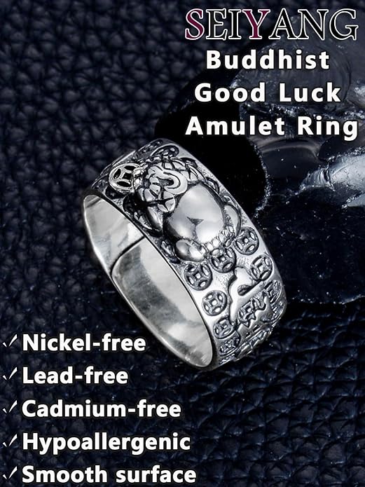 Seiyang Feng Shui Ring 925 Stering Silver Pixiu Mantra Ring Protection Wealth Adjustable Rings Gift for Men Women (with Gift Box)