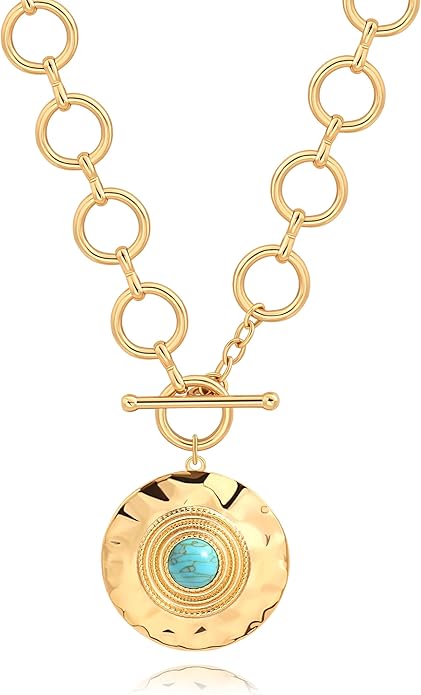 18k Gold Chain Link Necklace for Women, Baroque Pearl/Compass Pendant Necklace