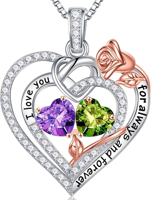 Iefil Rose Heart Necklace Gifts for Wife Women - 925 Sterling Silver Double Birthstone Necklace, Anniversary Birthday Gifts for Women, Jewelry Gift for Wife Girlfriend Mom Her