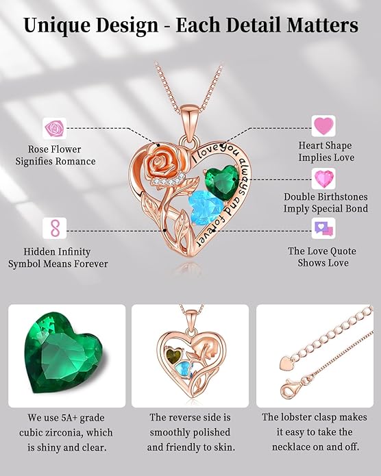 925 Sterling Silver Double Birthstone Rose Flower Heart Jewelry Necklaces for Women Anniversary Love Forever Necklaces for Her Birthday Gifts for Wife Girlfriend Mom Mothers Day Rose Gold