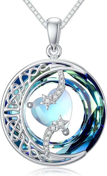 TOUPOP Birthstone Necklace 925 Sterling Silver Moon and Star Pendant with Blue Crystal Celtic Moon Jewelry Birthday Christmas Gifts for Women Mom Wife Her Daughter