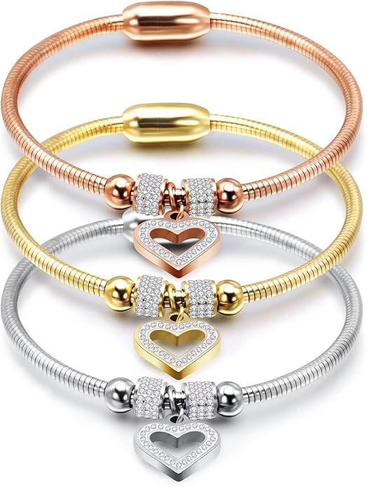 KunBead Heart Charm Birthday Bracelet Stainless Steel Love Bangle Cuff Jewelry Bracelets for Women