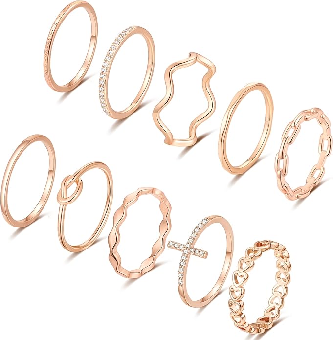 ZOERAY 10PCS 14K Gold Plated Stacking Rings for Women Thumb Stackable Knuckle Band Rings Plain Twist Thin Joint Finger Wedding Gold Ring Set for Women Size 4 to 11