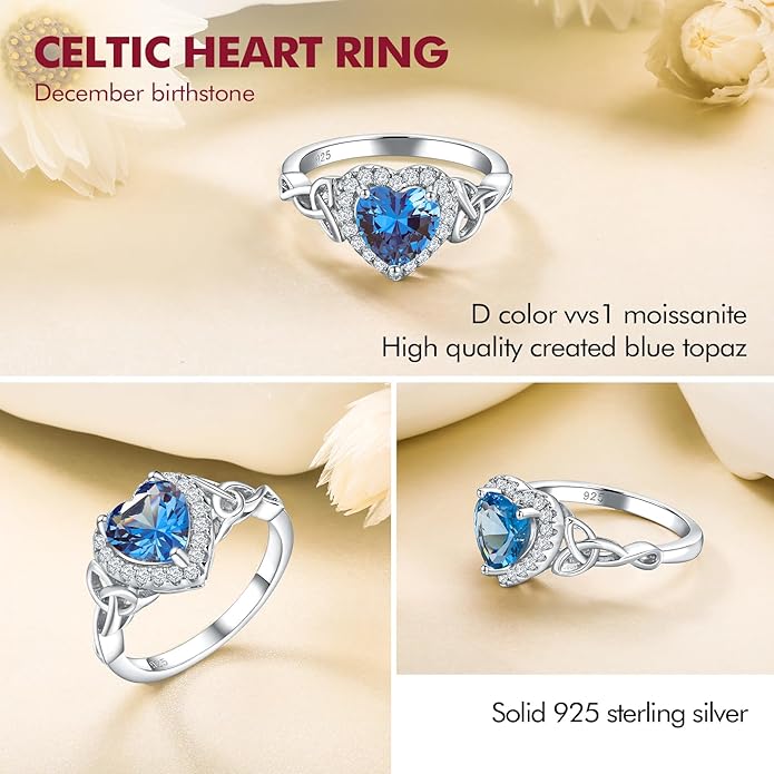 DAYBYDAY Celtic Birthstone Rings for Women 925 Sterling Silver Heart/Round/Pear/Oval Created Gemstone Moissanite Halo Engagement Promise Rings for Her Wife Birthday Anniversary Wedding Jewelry