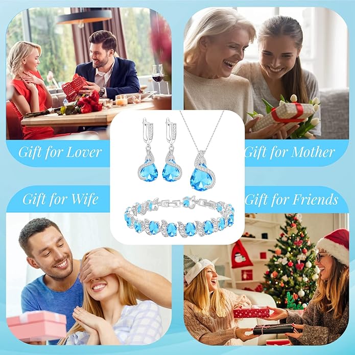 GZWHD Jewelry Set for Women Water Drop Cubic Zirconia Artificial Crystal Earrings Pendant Necklace Open Ring Tennis Bracelet Wedding Anniversary Birthday Engagement Gift for Bridesmaid Wife Girlfriend Friend