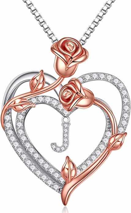 Iefil Rose Heart Necklaces Gifts for Women, 925 Sterling Silver Rose Heart Initial Letter Necklace for Her Mom Wife Girlfriend