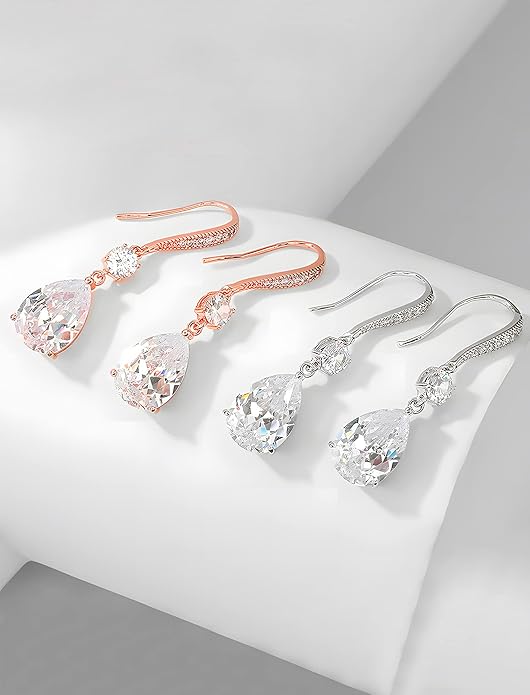 Drop Dangle Earrings for Women, Pear Cut Cubic Zirconia Long Teardrop Wedding Bridal Earrings, Silver Rose Gold Plated Copper Brass Micro Inlay CZ Gorgeous Plain Simple Fine Jewelry Gifts Box