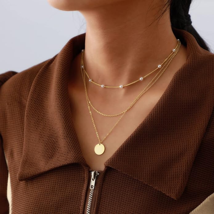 ASCOMY Layered Necklaces for Women Dainty Gold Necklace 14K Gold Plated Herringbone Necklace for Women Pearl Cross Necklace Paperclip Cuban Figaro Rope Satellite Chain Gold Choker Trendy Jewelry Gift