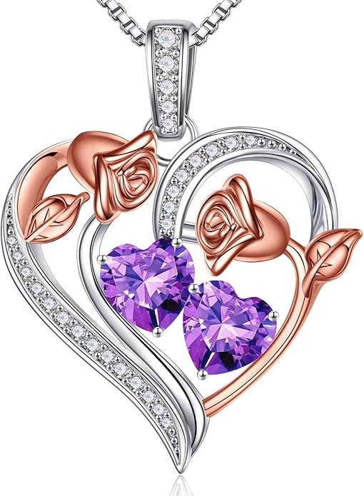 Iefil Birthstone Necklace for Women - 925 Sterling Silver Rose Heart Necklace, Birthstone Jewelry, Anniversary Birthday Gifts for Wife Girlfriend Mom Daughter