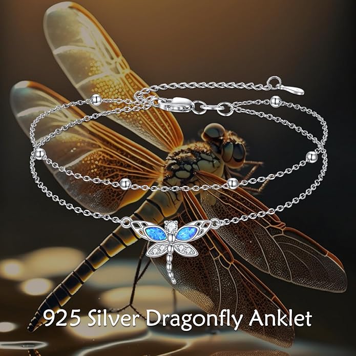 TIGER RIDER Dragonfly Anklet Sterling Silver Dragonfly Gifts Jewelry for Women with Crystal Birthday Anniversary