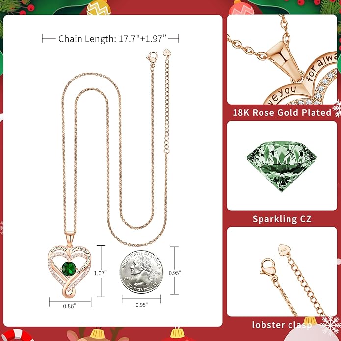 Infinity Heart Birthstone Necklace for Women Wife 18K Rose Gold Plated,Anniversary for Women Wife Her Birthday Gift for Girlfriend Mom Daughters, I Love You Women's Jewelry