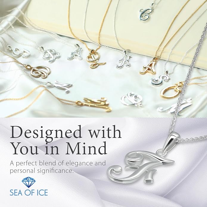 SEA OF ICE Letter Initial Necklace, Alphabet Letter Pendant Necklace, Sterling Silver, Gold, Rose Gold Necklace for Women, Elegant Initial Necklaces, Personalized Custom Women's Necklaces