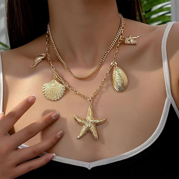 Choistily Charm Necklace Dainty Gold Western Outfit Beach Jewelry for Women Trendy Cowgirl Accessories for Women Gold Bow Sea Shell Pendant Necklace Preppy Stuff Summer Jewelry 2025