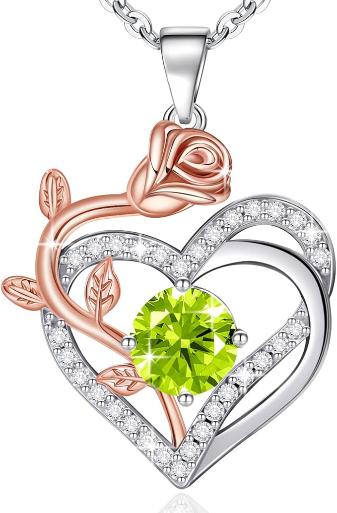 moshen Rose Heart Necklace for Women,925 Sterling Silver Birthstone Pendant - Gift for Women on Valentine's Day, Birthday, Christmas, Anniversary, Mather's Day (08-August-Peridot-Olive Green)