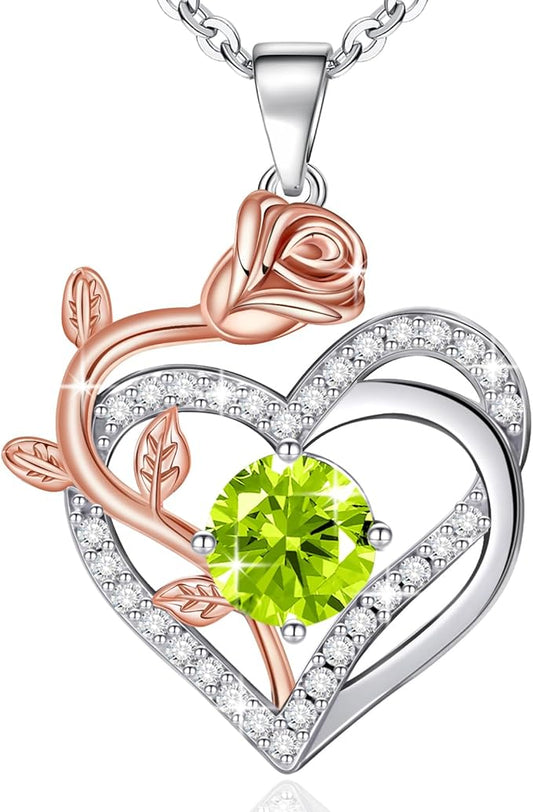moshen Rose Heart Necklace for Women,925 Sterling Silver Birthstone Pendant - Gift for Women on Valentine's Day, Birthday, Christmas, Anniversary, Mather's Day (08-August-Peridot-Olive Green)