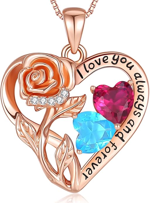925 Sterling Silver Double Birthstone Rose Flower Heart Jewelry Necklaces for Women Anniversary Love Forever Necklaces for Her Birthday Gifts for Wife Girlfriend Mom Mothers Day Rose Gold