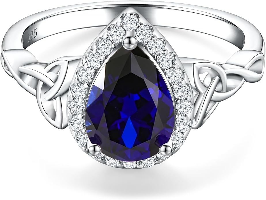 DAYBYDAY Celtic Birthstone Rings for Women 925 Sterling Silver Heart/Round/Pear/Oval Created Gemstone Moissanite Halo Engagement Promise Rings for Her Wife Birthday Anniversary Wedding Jewelry