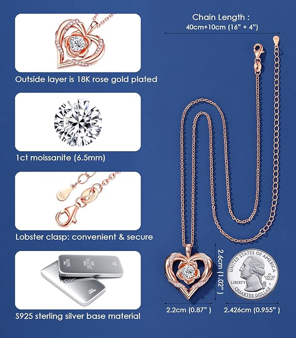 Beam & Bask Rose Flower Heart Moissanite Necklaces for Wife, S925 Silver Pendant for Women, 18K Gold Plated Jewelry for Her Girlfriend Mom for Anniversary Birthday