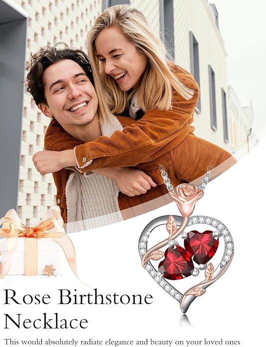 Jewelry for Her Double Heart Rose Birthstone Pendant Necklace Anniversary Jewelry Christmas Birthday Gifts for Women Wife Girlfriend