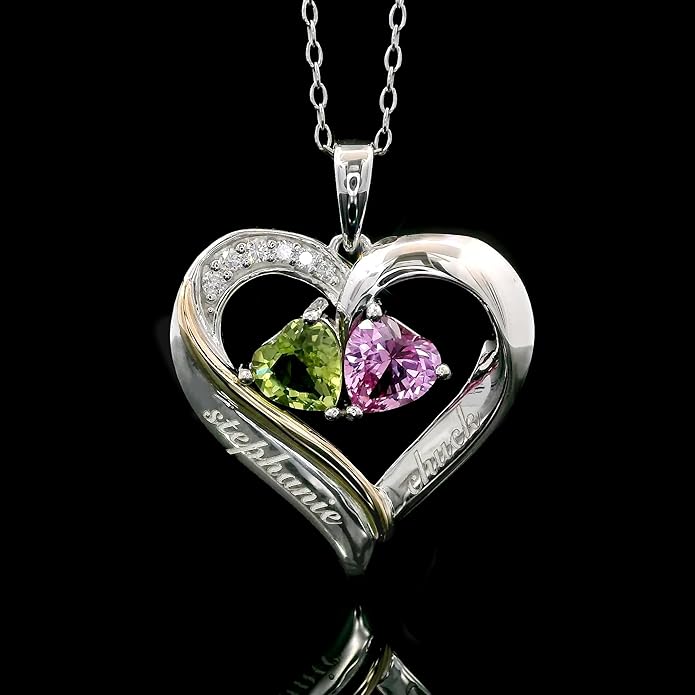 925 Sterling Silver and 10K Yellow Gold Engraved Customized and Personalized Gemstone Birthstone and White Lab Grown Diamond 2-Heart Couple Name Pendant Necklace For Women with 18 Inch Silver Chain