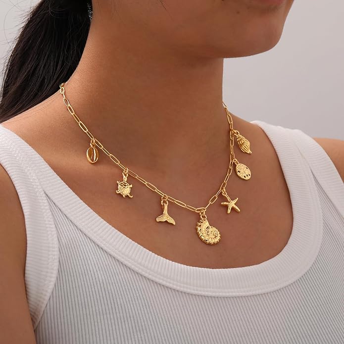 Charm Necklace for Women, 14K Gold Plated Shell Sun Starfish Summer Beach Necklace 16+3" Paperclip Chain Jewelry Gifts