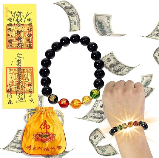 GOLDEN SMILE 10mm Black Obsidian Feng Shui Bracelet - Five Wealth Gods Design with Gold-Plated Spacers & Consecrated Spiritual Talisman - Unisex Meditation Mala for Prosperity, Fortune & Luck
