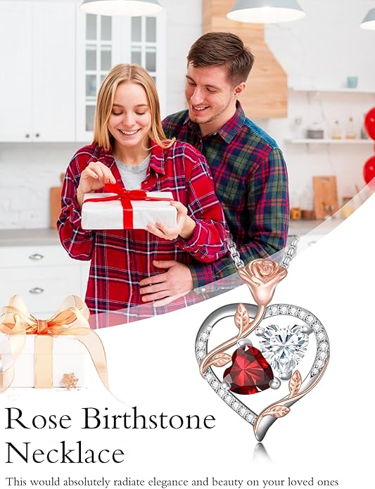 Jewelry for Her Double Heart Rose Birthstone Pendant Necklace Anniversary Jewelry Christmas Birthday Gifts for Women Wife Girlfriend