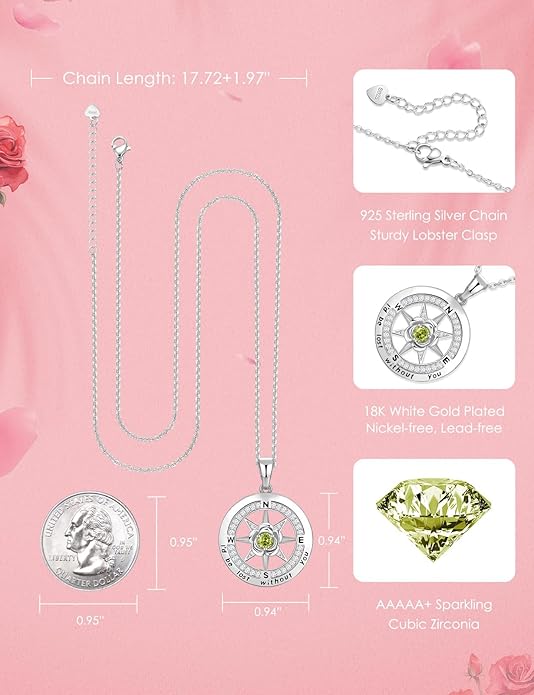 Silver Compass Necklace for Women Birthday Gifts for Wife Anniversary Necklace for Women Rose Flower Birthstone Necklaces for Wife Jewelry for Womens Girlfriend Mom Daughter